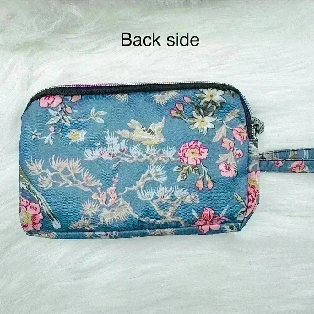 Floral Print Small Purse or Makeup Cosmetic Wristlet Blue 1 - Picture 2 of 5